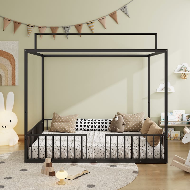 3-in-1 Convertible Montessori Metal floor bed,Modern Minimalist Design Canopy Platform Bed Funland
