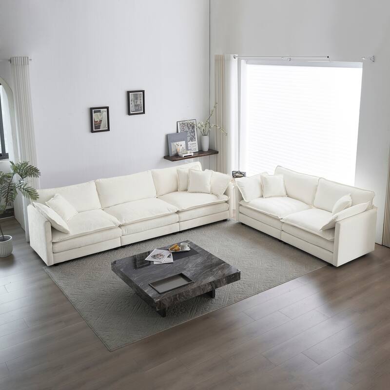 5-Seat Chenille Sofa Set with Deep Seats (3+2 Seater) - White