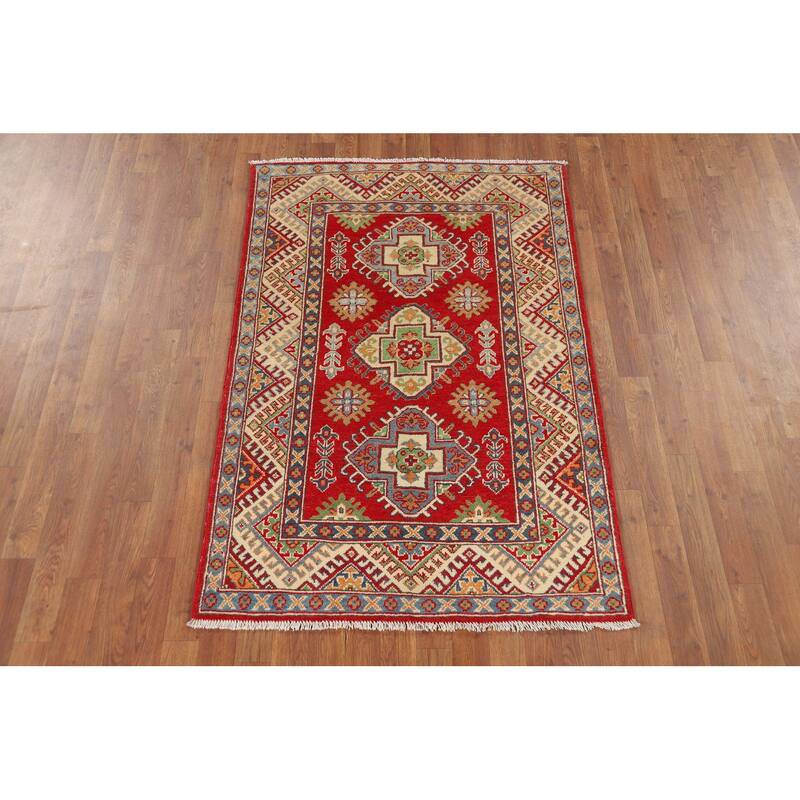 Geometric Red Kazak Oriental Accent Rug Handmade Wool Carpet - 3'4" x 5'1"