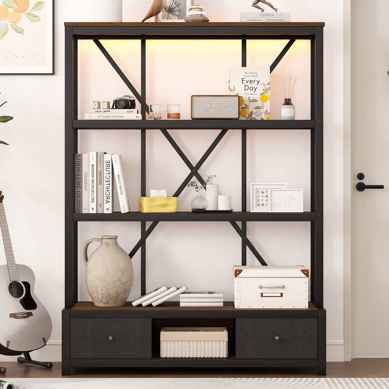 3-Shelf Metal Bookcase with Drawers for Home Office, Open Bookcase, Vintage Industrial Style Bookcase with LED