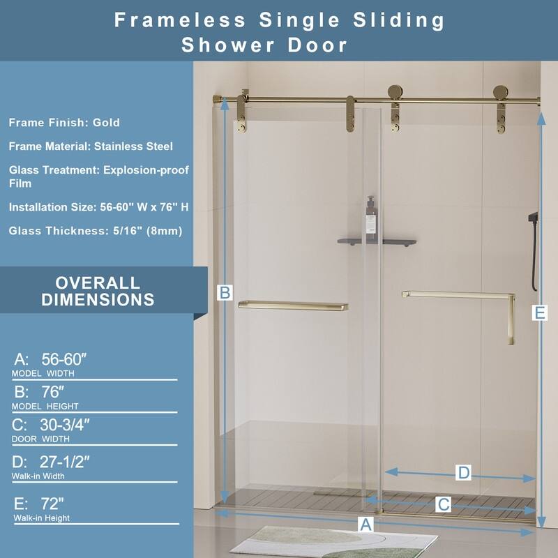 56-60" W x 76" H Single Sliding Frameless Shower Door with 5/16" (8mm) Tempered Glass & Dual Towel Bars