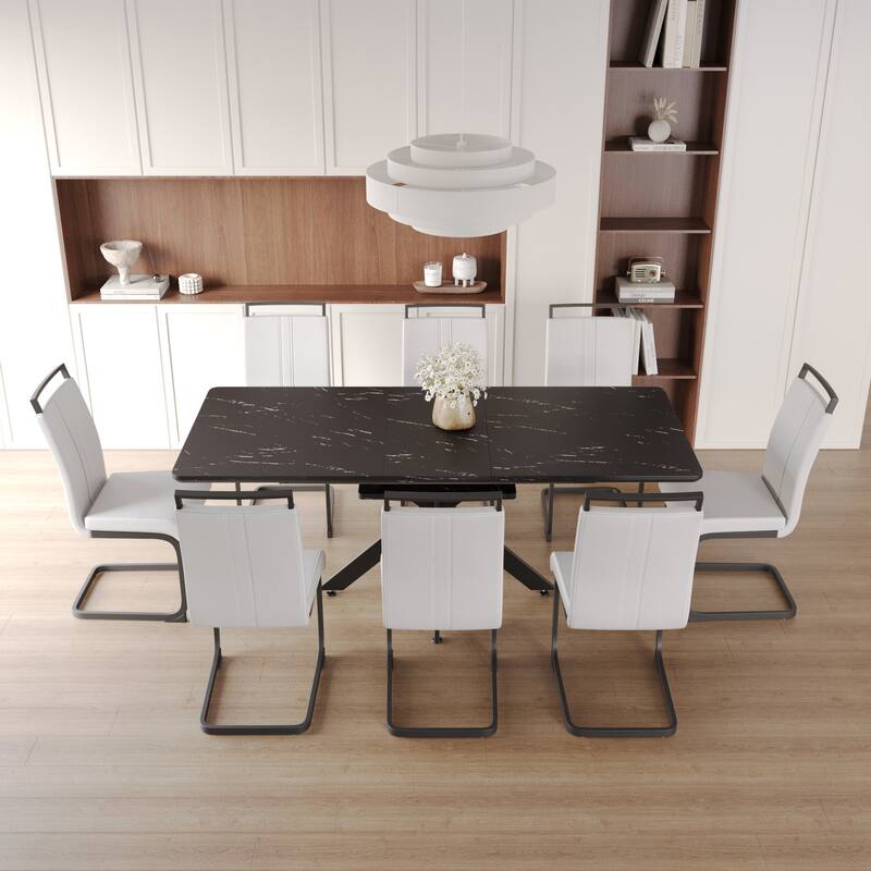 Modern Dining Set with Rectangular Extendable Table & High Back C-shaped Tube Armless Chairs