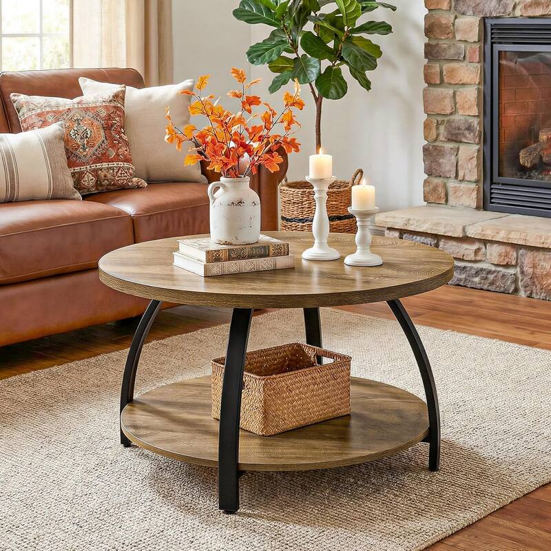 31.5-Inch Round Coffee Table with Storage Shelf for Living Room, Office - Brown