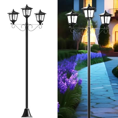 72" Outdoor Solar Lamp Post 3 Head LED Waterproof for Yard Pathway Garden - Black