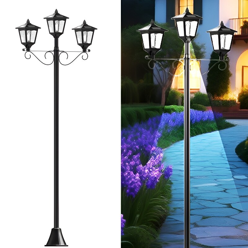 72" Outdoor Solar Lamp Post 3 Head LED Waterproof for Yard Pathway Garden - Black