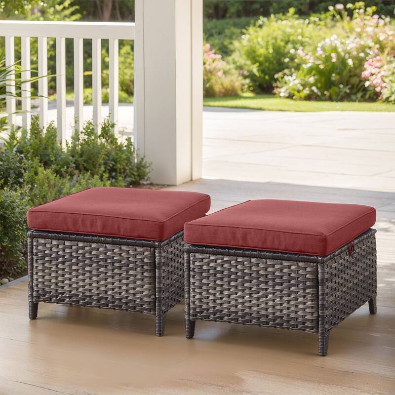 Outdoor Patio Ottoman for Swivel Chairs - Grey Wicker Red Cushion - 2 Pieces Ottoman