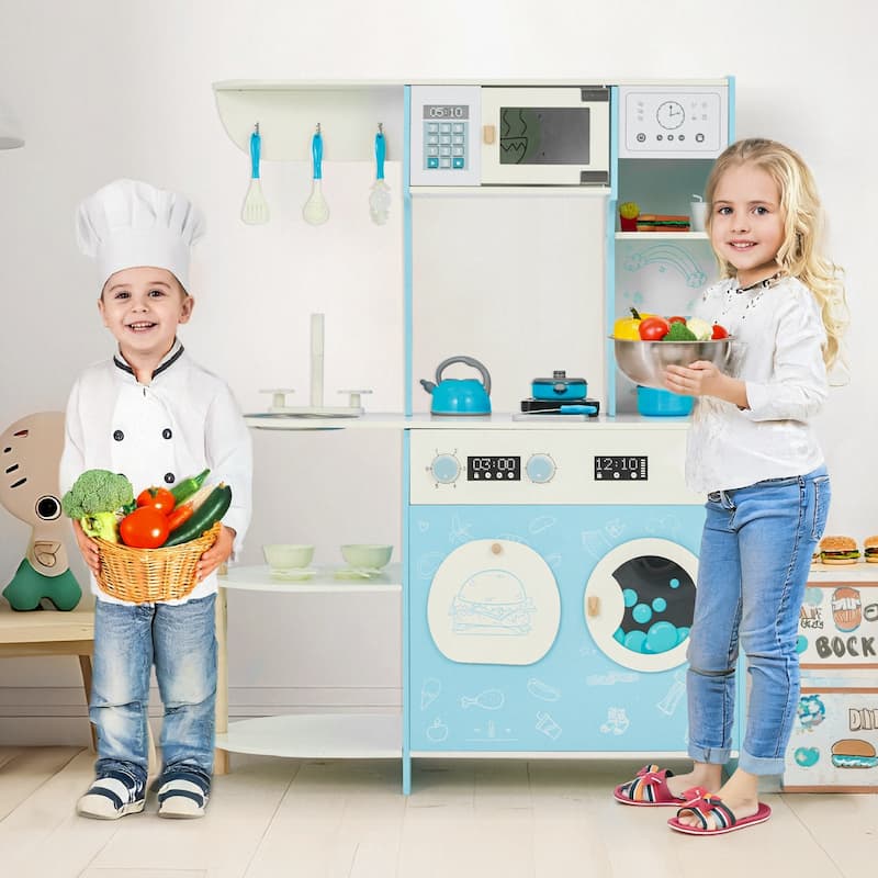 Wooden Play Kitchen Set for Kids, Pretend Cooking Toy, Interactive Kitchen Playset