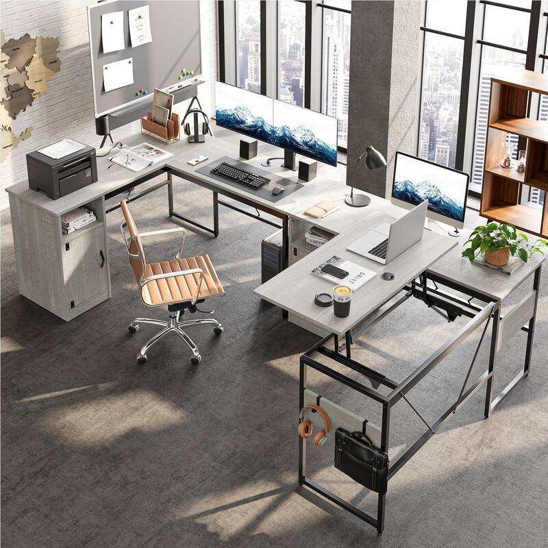Versatile 60" L Shaped Standing Desk with Lift Top & Storage Cabinet, Corner Desk Extending to 95’’ with Hooks