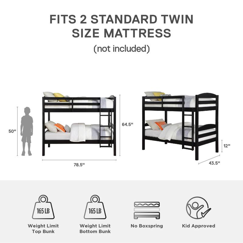 DHP Brady Solid Wood Twin-over-Twin Convertible Bunk Bed