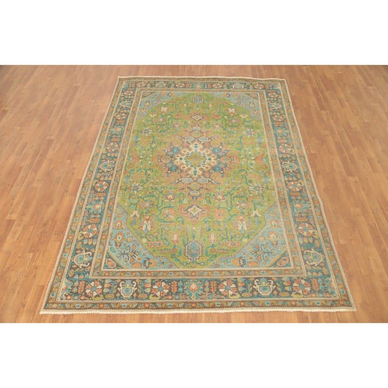 Hand Knotted Oriental 100% Wool Carpet Traditional Floral Green Tabriz Area Rug - 9' 5'' X 6' 8''