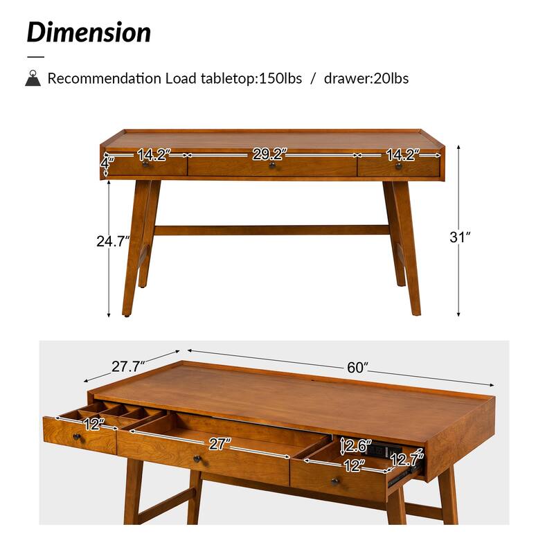 Eugenia Mid-century Office Desk with Drawer Divider&Cable Management&Charging Station by HULALA HOME