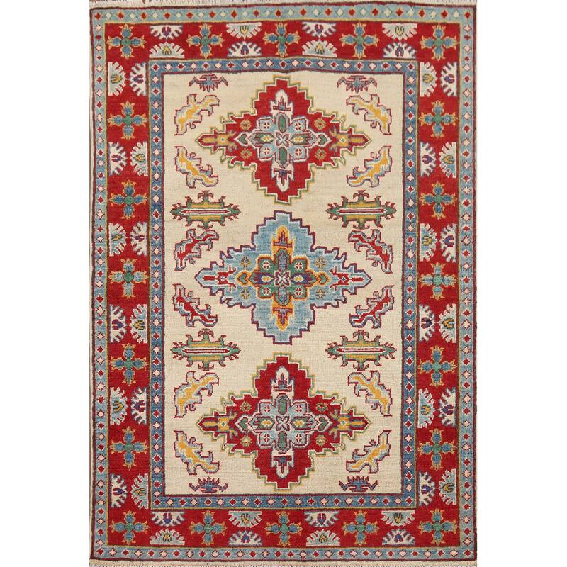 Ivory Geometric Kazak Oriental Accent Rug Handmade Wool Carpet - 3'7" x 5'2"