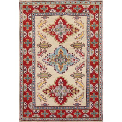 Ivory Geometric Kazak Oriental Accent Rug Handmade Wool Carpet - 3'7" x 5'2"