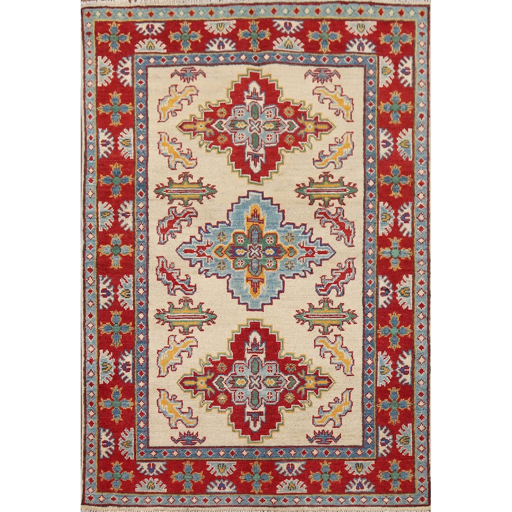 Ivory Geometric Kazak Oriental Accent Rug Handmade Wool Carpet - 3'7" x 5'2"