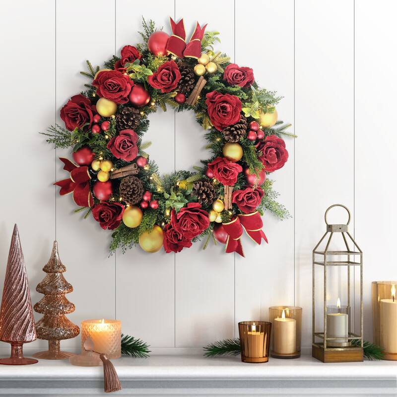 Puleo International 26" Pre-Lit Artificial Adorned Christmas Wreath - Red