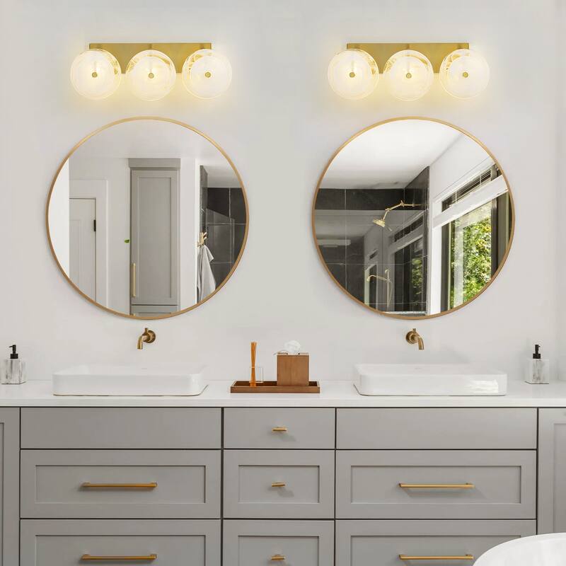 3-Light Mid-Century Modern Brushed Brass Vanity Light with Cloud-Textured Round Glass glass disc