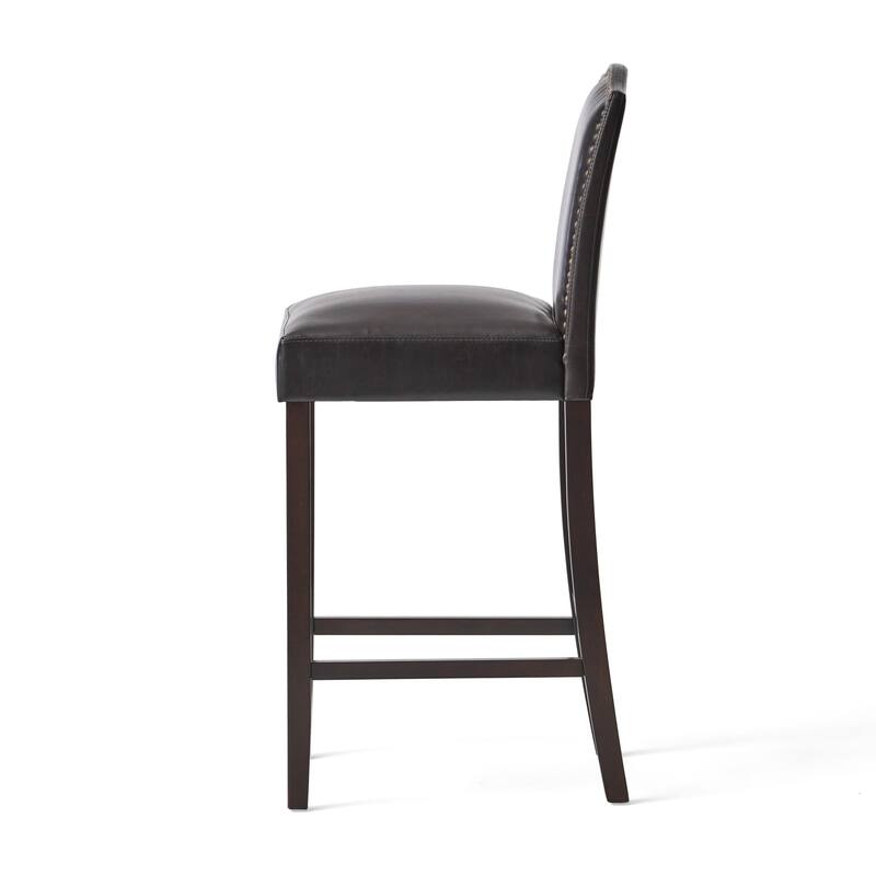 Modern Set of 2 Bar Stools with Leather Cushioned Backrests, Nailhead Trim, Solid Wood Legs for Dining Room Living Room Bar