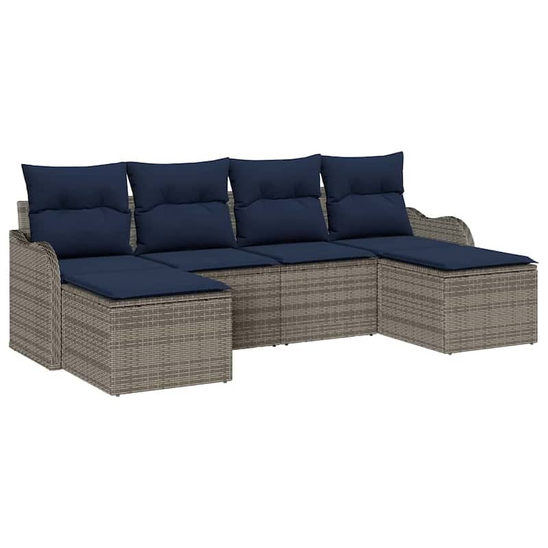 vidaXL 6 Garden Sofa Set with Cushions Black/Brown/Grey Poly Rattan - 90.9 x 24.4 x 27.2
