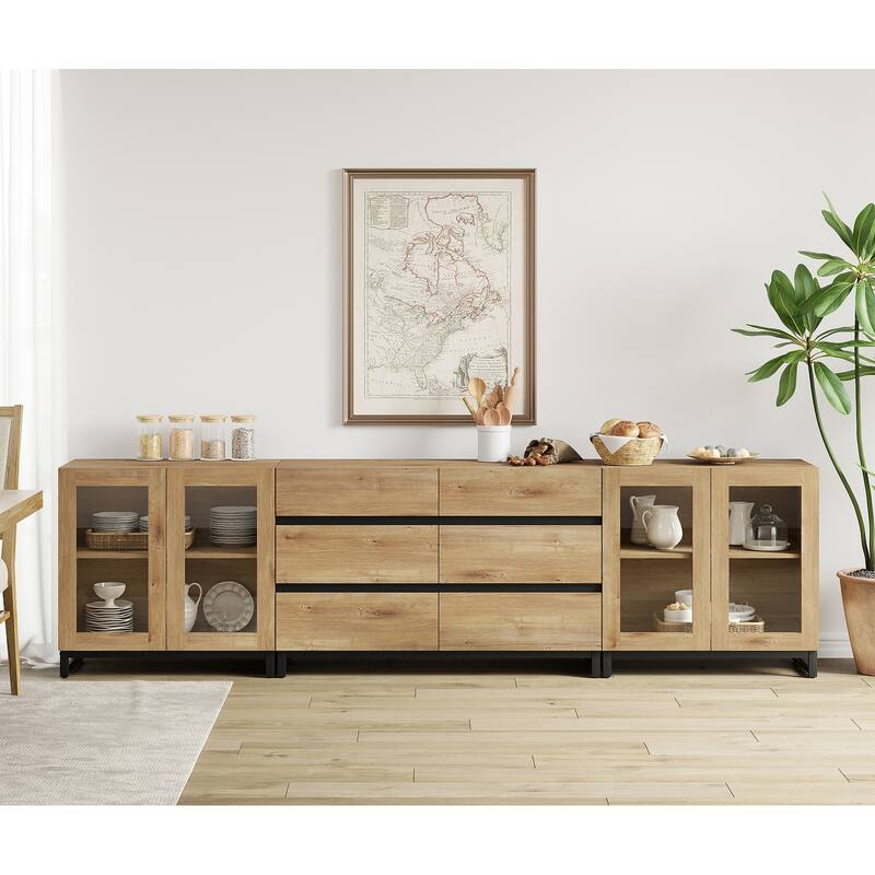 WAMPAT 3 in 1 Multifunctional Dresser with Glass Doors and 6 Drawers, Modern Chest of Drawers for Bedroom