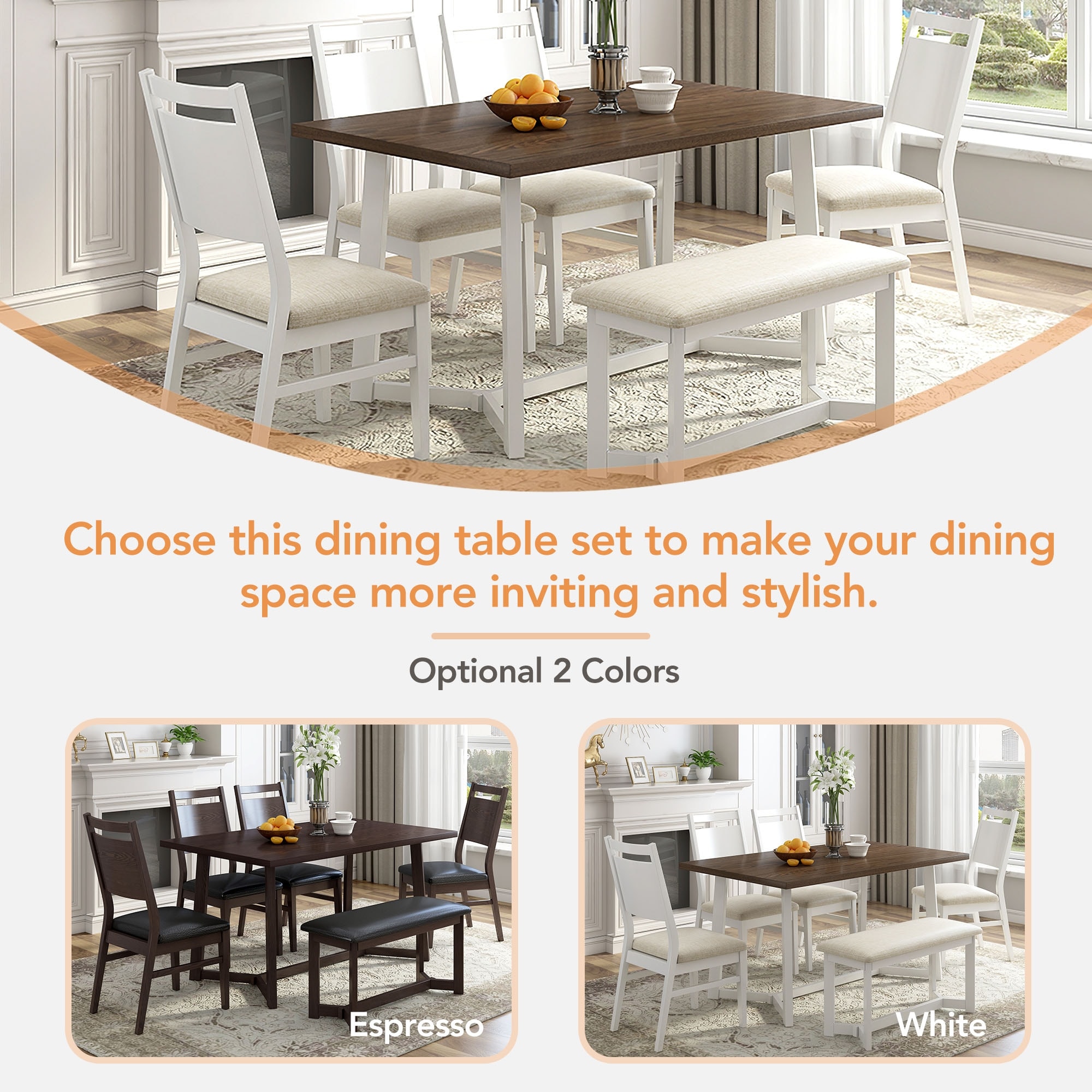 Farmhouse 6-Piece Dining Table Set With Upholstered Chairs And Bench ...