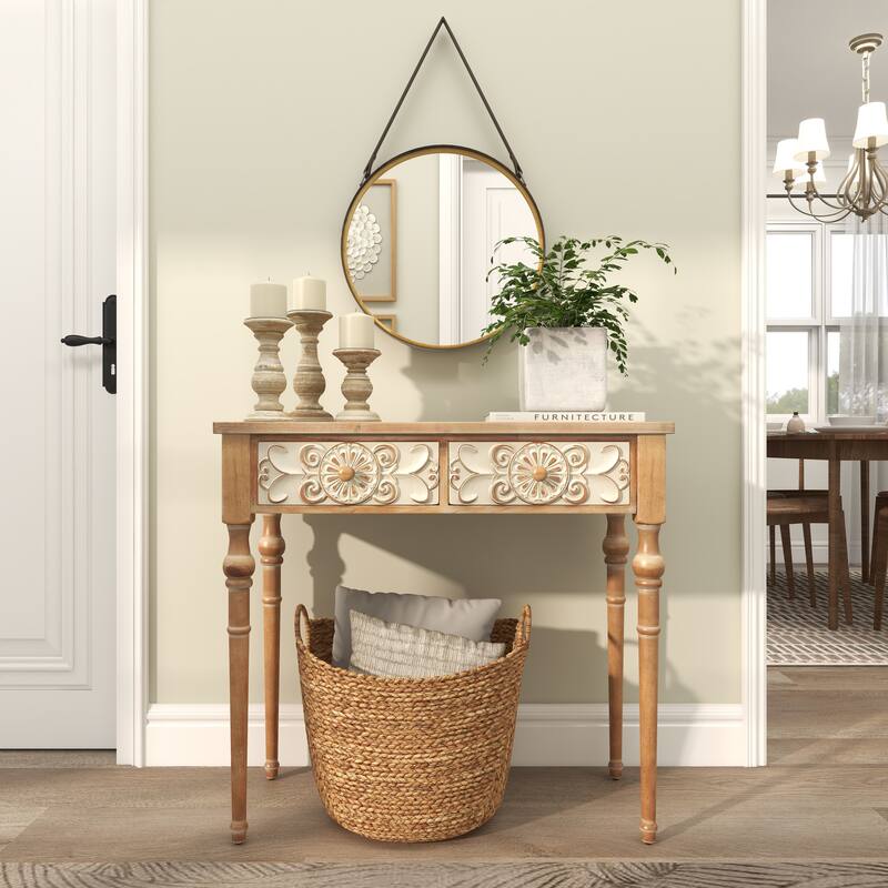 Brown Wood Intricately Carved 2 Drawers Floral Console Table