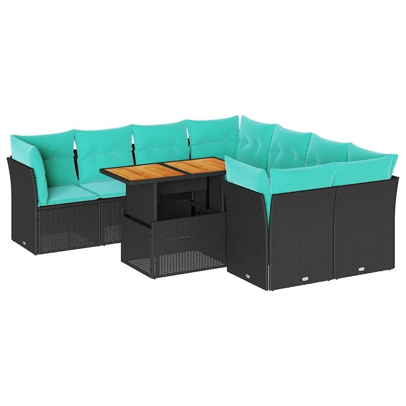 vidaXL 9 Piece Patio Sofa Set with Cushions Black Poly Rattan - 21.7 x 24.4 x 27.2