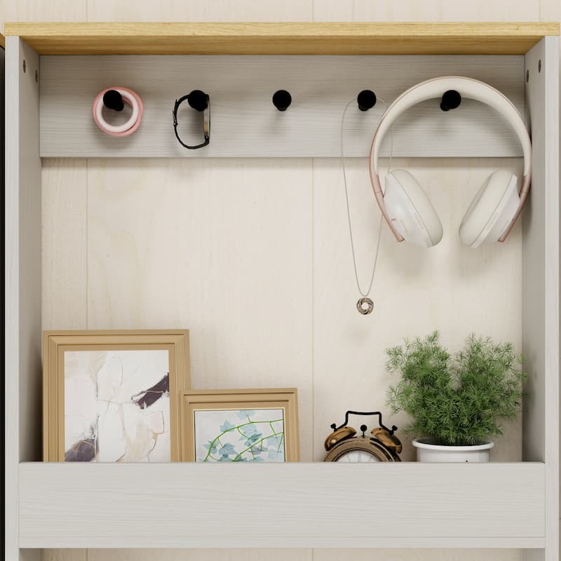69" Tall Bookcase with 4 Shelves and 5 hooks, Wall Mounted Space-Saving Narrow storage cabinet for Living Room