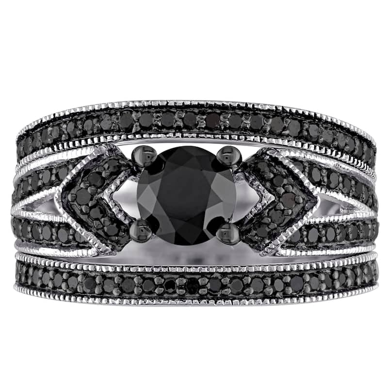 Miadora Sterling Silver 1 1/4ct TDW Black Diamond Split Shank 3-Piece Bridal Set