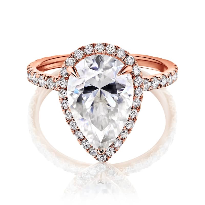 Kobelli Signature Collection 4 Carat Moissanite & Diamond 14k Solid Gold Pear Halo Near Eternity Paige Ring - 9.5 - Rose
