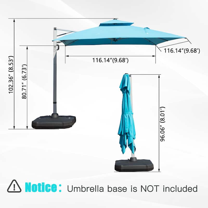 10x10 Square Cantilever Umbrella with Center Pole, Lake Blue, 360° Rotation, 5-Position Tilt, Hydraulic Opening, UPF 50+