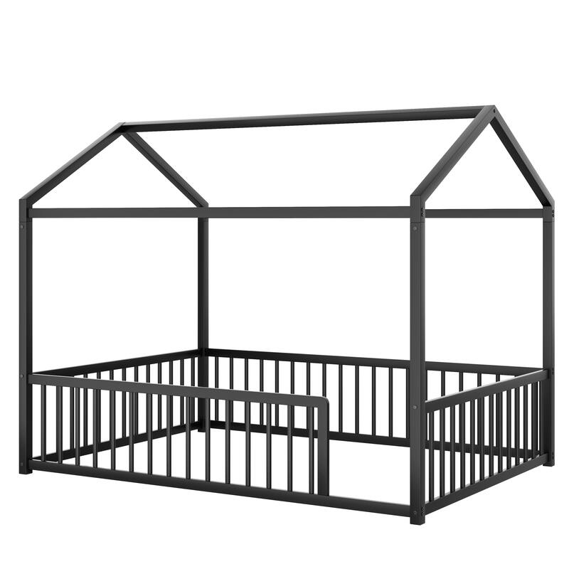 Montessori Metal House Bed with Low Entry & 3-Side Fence by Harper&Bright Designs