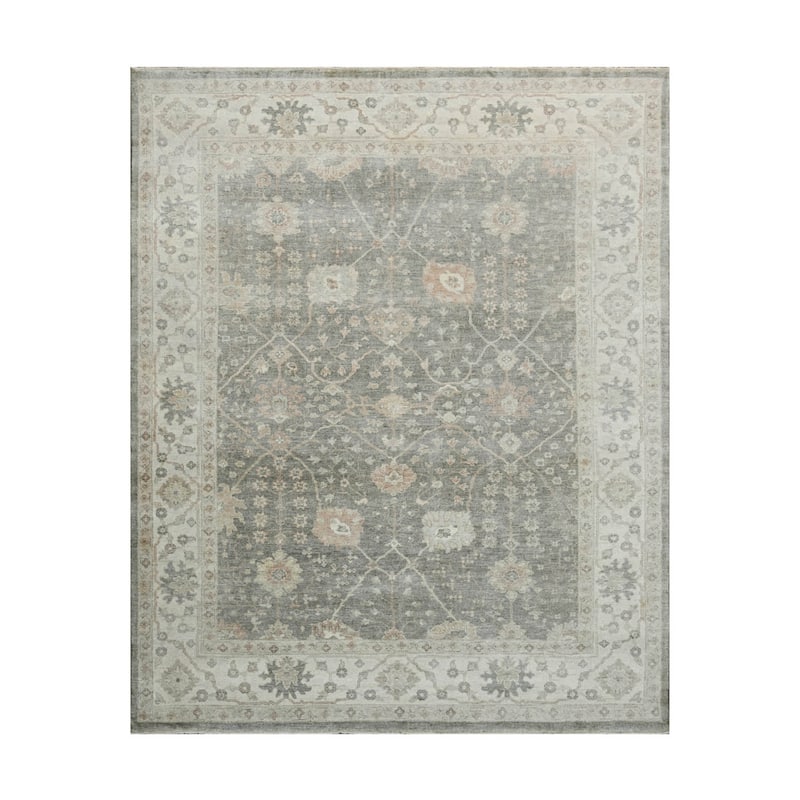 Gray Hand Knotted Turkish Oushak Wool Traditional Oriental Area Rug - 7' 10'' x 9' 9''