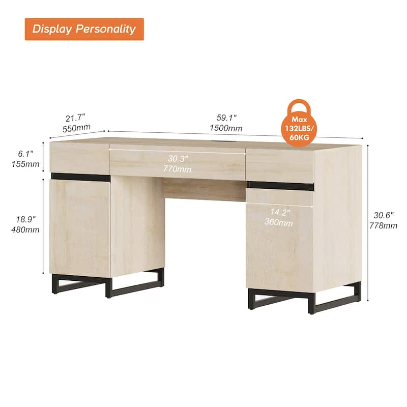 WAMPAT 59" Modern Executive Desk with Drawers, Home Office Computer Desk with Charging Station, File Drawer, Storage Cabinet.