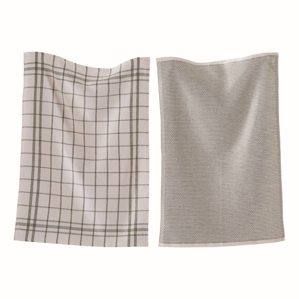 26L"x18W" Classic Black Cotton Set of 2 Checked and Solid Terry Cloth Dishtowel Kitchen Towel Grey Machine Washasble