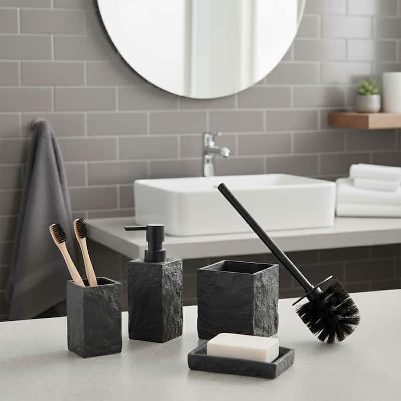Collection Stone Effect Bath Accessory Set-4 pieces - Full Set 4 Pieces - Black