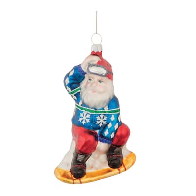 Glass Snowboarding Santa Ornaments Set of 6 with Glitter Accents - 3.5” x 2” x 5.25” (L x W x H)