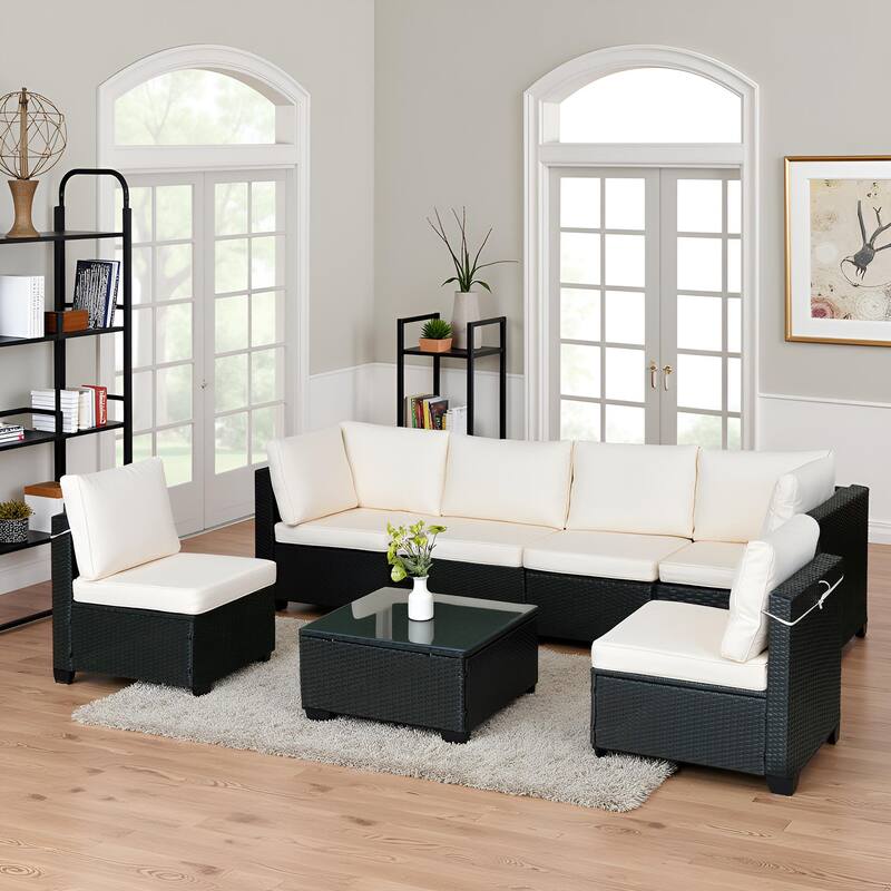 7-Piece Modular Outdoor Rattan Sofa Set, Modern Rattan Sectional with Cushions and Tempered Glass Table