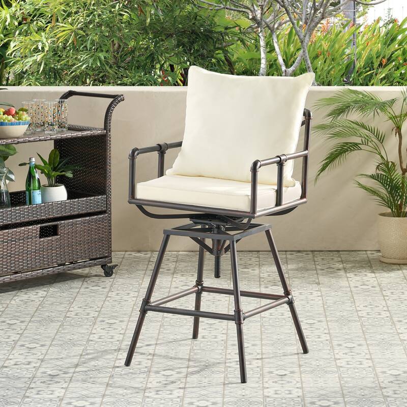 Outdoor Patio Swivel Barstool Adjustable Stool Height with Upholstered and Arm Barstool, Metal Frame Bar Chair