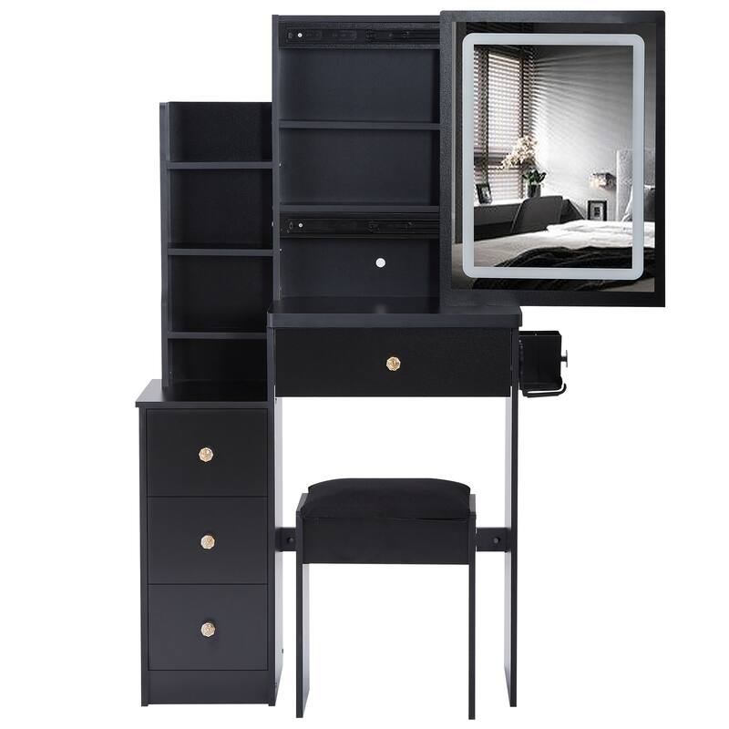 29.2" Small Size Left Bedside Cabinet Vanity Table + Cushioned Stool, 2 AC+2 USB Power Station, Hair dryer bracket