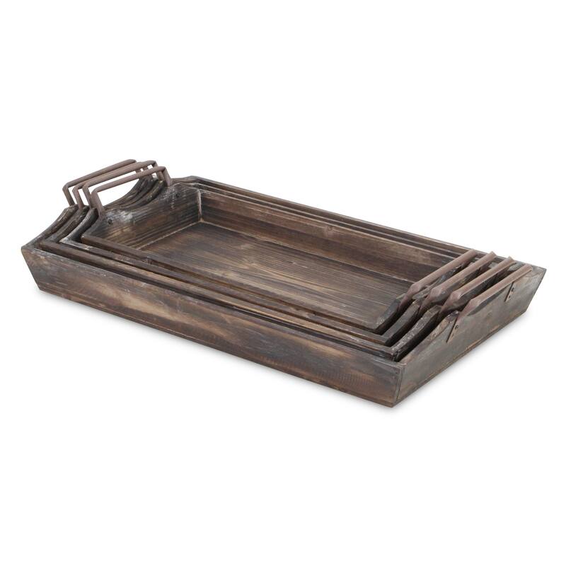 HomeRoots Set of Four Brown Wood Handmade Serving Tray With Handles