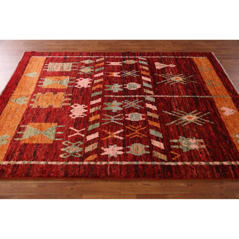 Red Geometric Moroccan Oriental Area Rug Hand-Knotted Wool Carpet - 5'8" x 7'8"