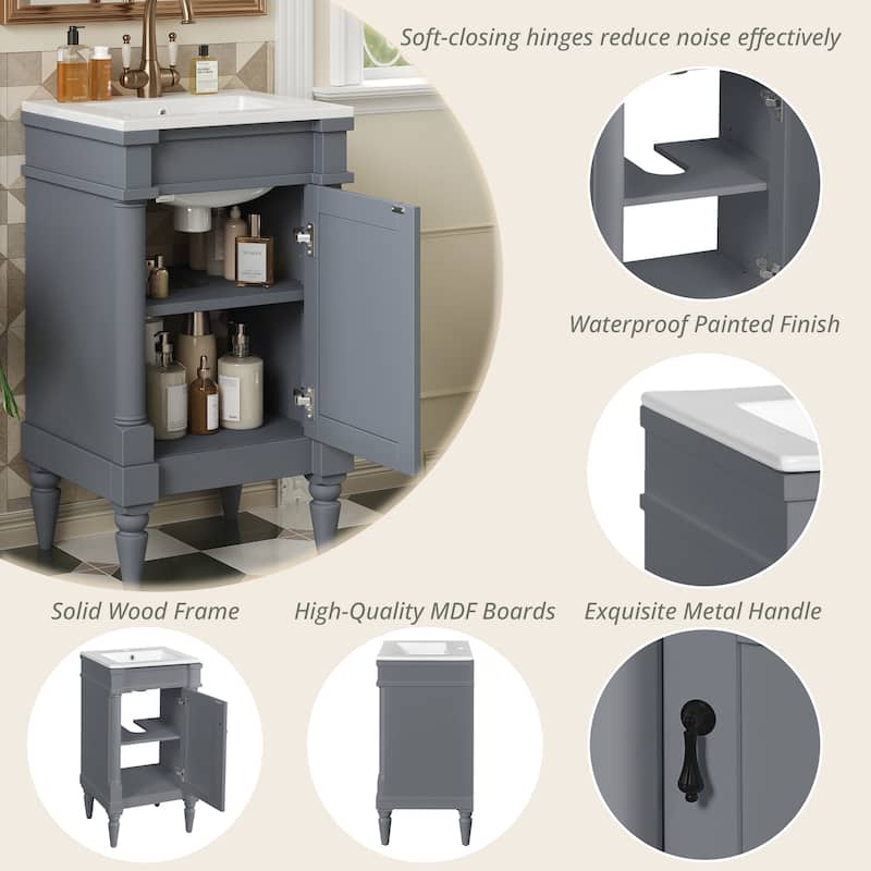 18" Small Bathroom Vanity with Sink, Modern Freestanding Storage Cabinet with Door and Shelf, Compact Single Sink