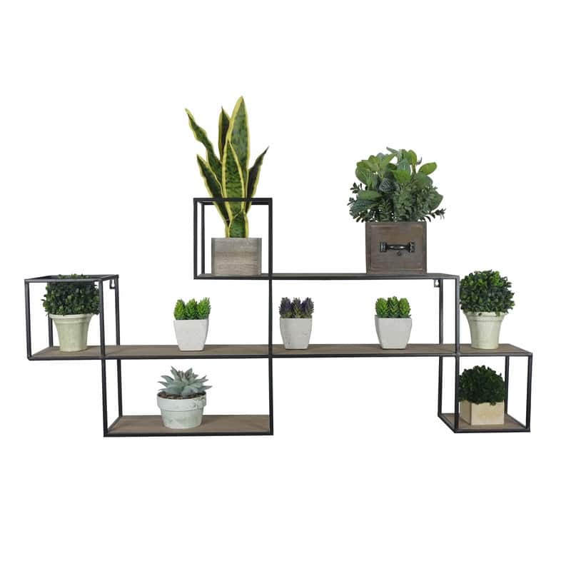 Admired By Nature White Oak Wood Offset Wall-Mounted Metal Hanging Storage Floating Shelves, Black,