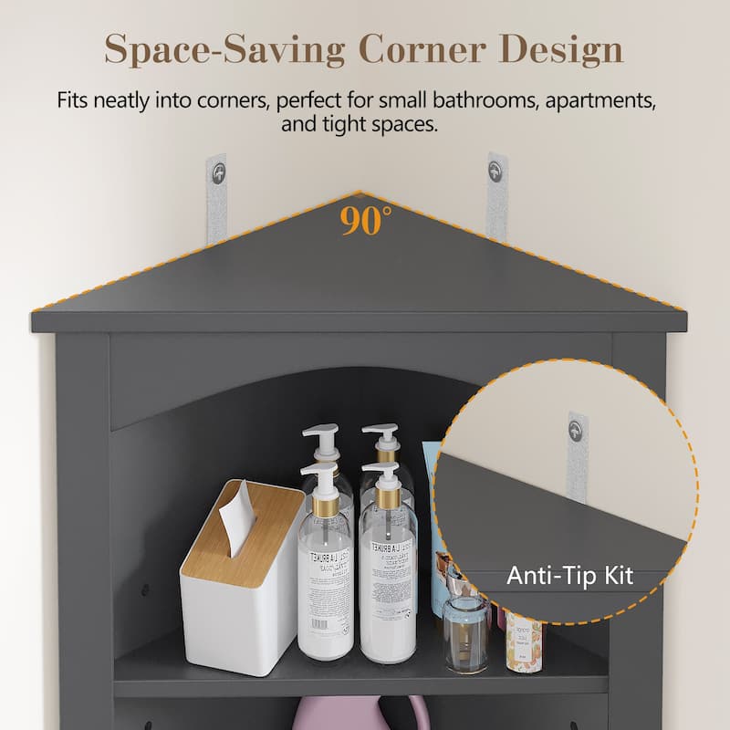 VECELO 68.5" Tall Triangle Corner Bookcase with Adjustable Open Shelves Magnetic Shutter Doors Storage Cabinet for Living Room