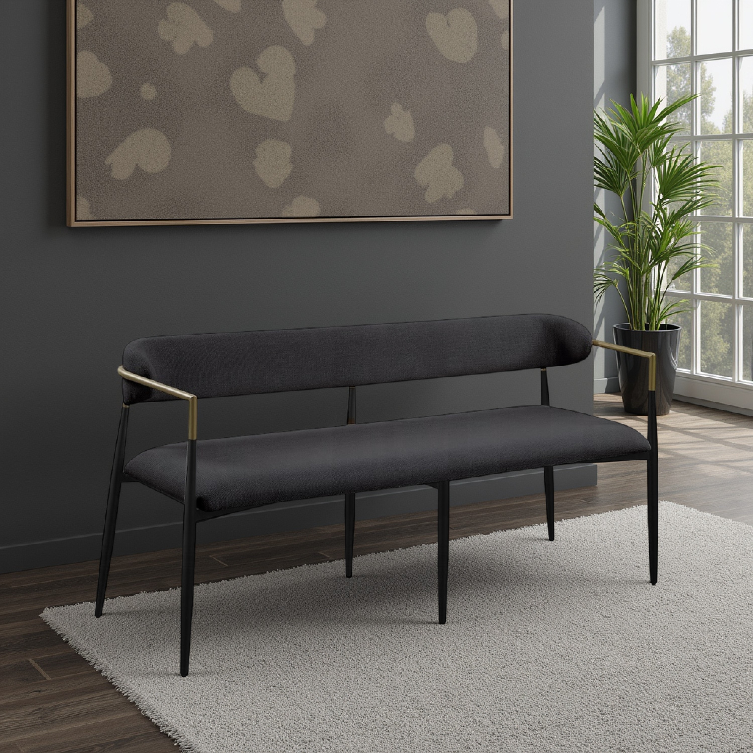 Vonn Long Bench, 62 Inch, Black Chenille, Padded Backrest, Metal