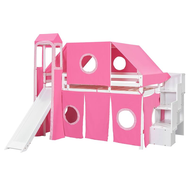 Roomfitters Full Size Loft Bed with Slide, Tent Canopy and Tower, Multi-Functional Sleep Space