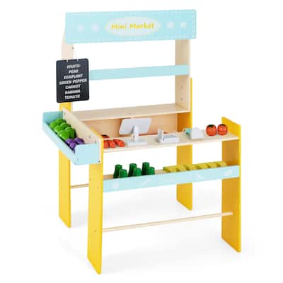 Kid's Pretend Play Grocery Store with Cash Register and Blackboard-Blue - 27.5" x 25" x 40"