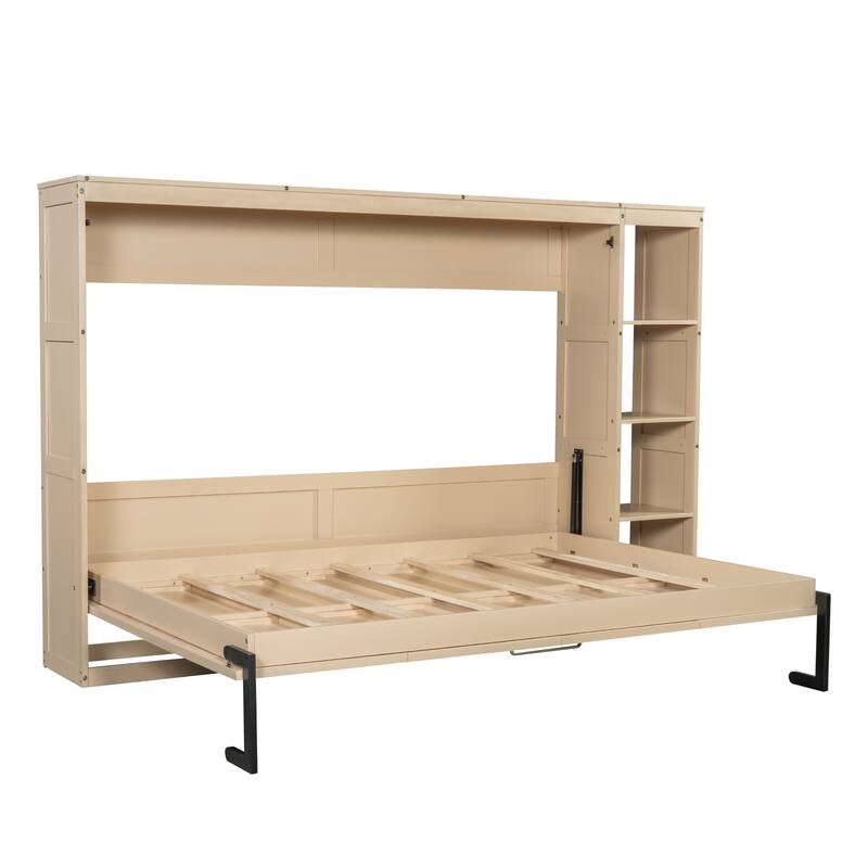 Space-Saving Full Size Murphy Bed with Bookshelf and Storage, Natural