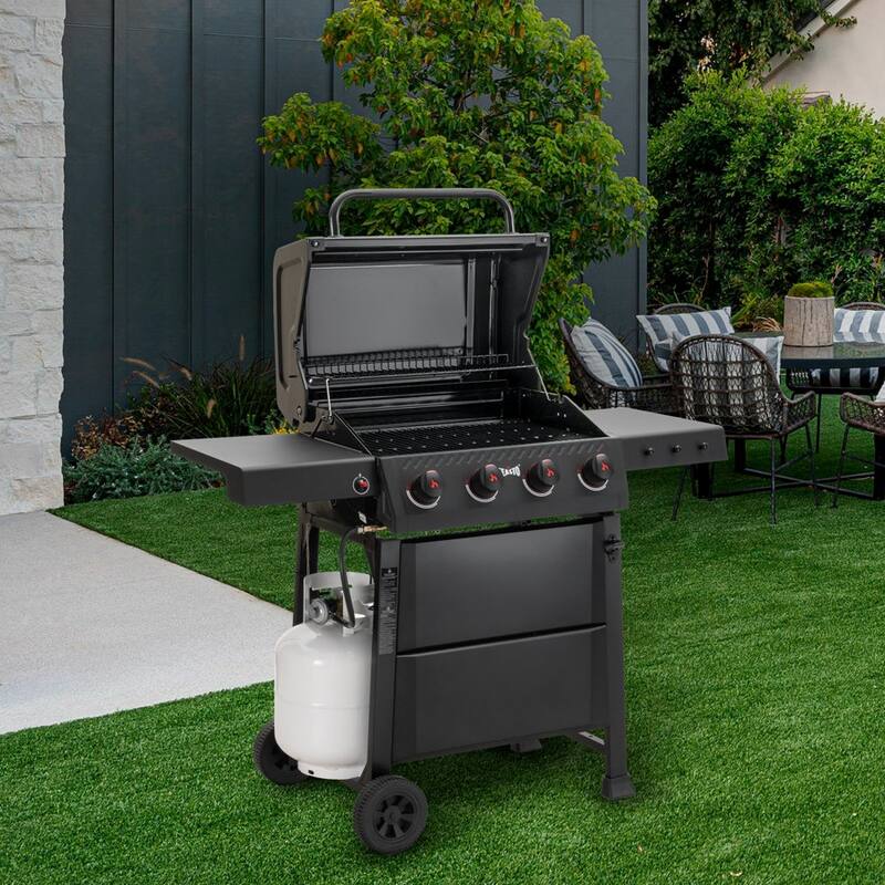 Feasto 4 Burner Liquid Propane Freestanding Gas Grill Cart with Side Table and Wheels, Porcelain-Enameled Grates