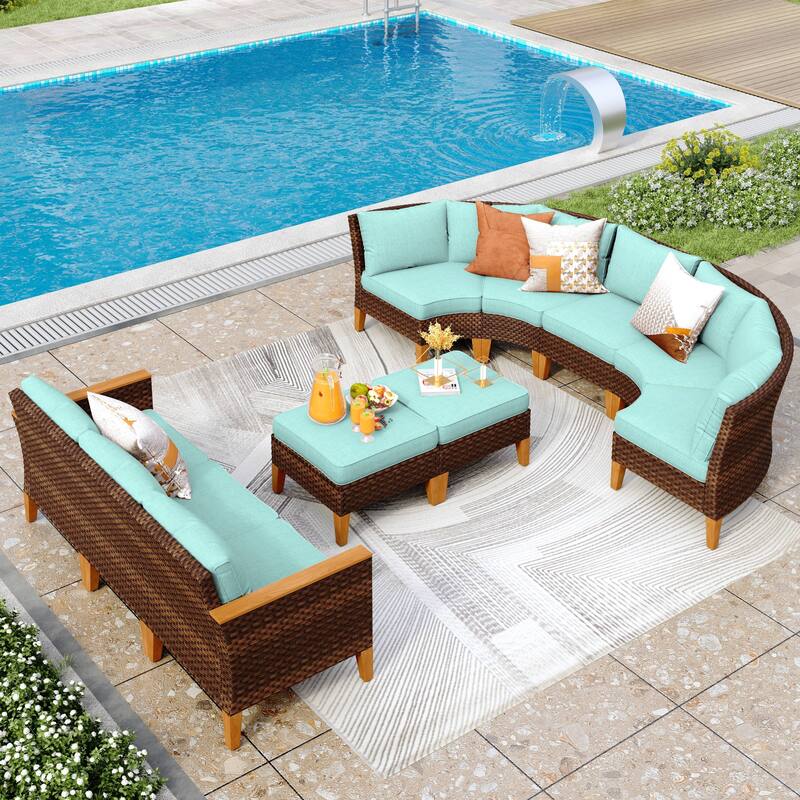 12-Seat Outdoor Wicker Half-Round Furniture Set, Half-Moon Sectional Sofa All Weather Curved Conversation Set - 10-Seat - Type A